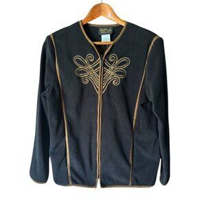 Bob Mackie Wearable Art Black Fleece Jacket With Gold Embroidery Size Medium